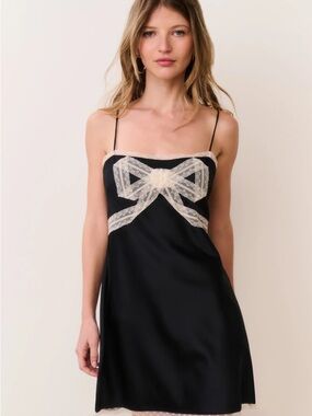 LoveShackFancy Black Satin Slip Dress with Cream Lace Bow